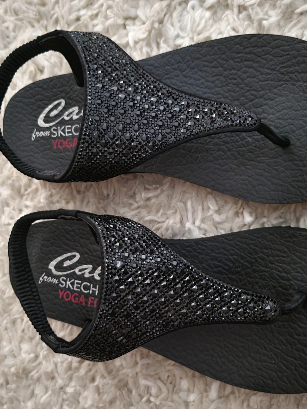 Skechers Cali Yoga Foam Black Crystal Embellished Thong Sling Back Sandals Sz 7